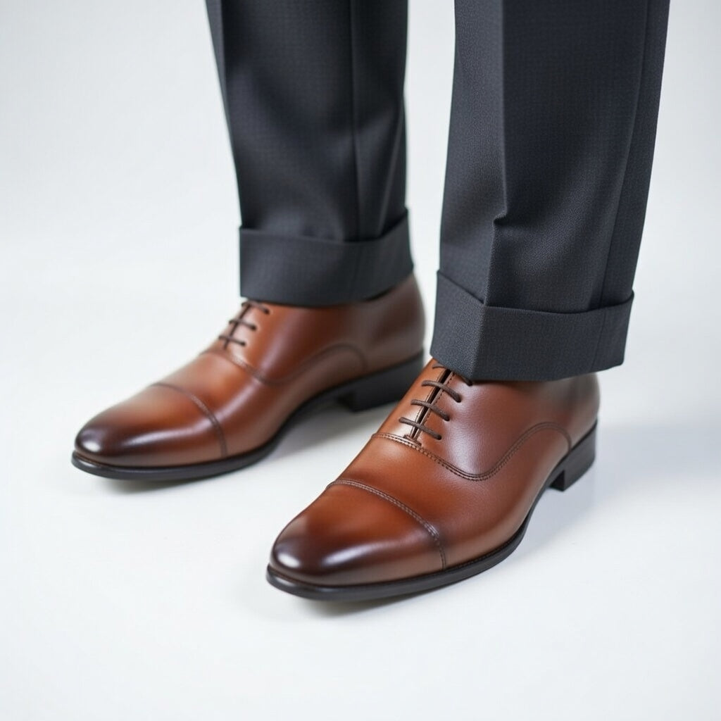 Brown dress shoes worn with dark gray pants on a light gray background