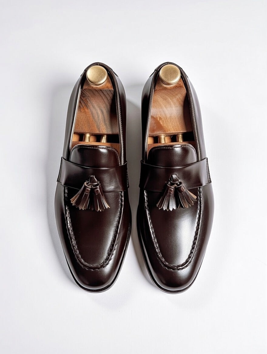 Pair of brown loafers with tassels on a light gray background
