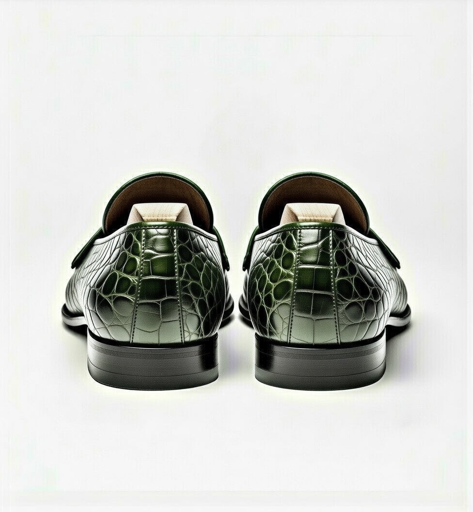 Green crocodile-patterned shoes on a white background