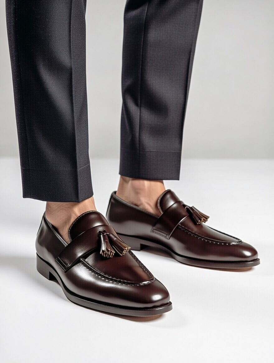 Brown loafers with tassels worn with dark gray pants on a light gray background