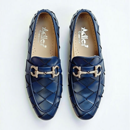 Men’s Navy Blue Woven Leather Loafers – Premium Handmade Slip-On Formal Shoes