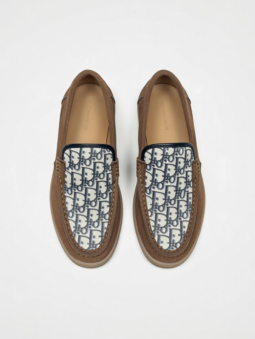Men’s Brown Designer Loafers with Patterned Panel – Slip-On Casual Shoes
