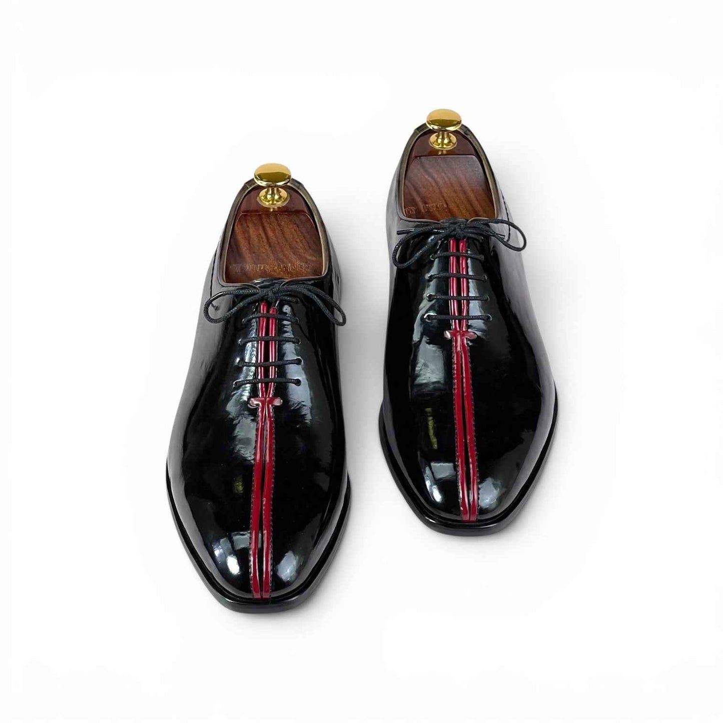AS - RossoCorsa" Men's Black Patent Oxford - Double Red Racing Stripe Formal Lace-Up Shoes | Mirror Gloss Tuxedo Edition