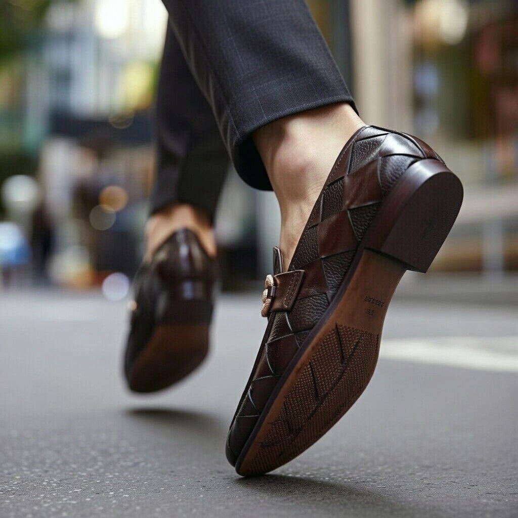 Shop premium men’s brown woven leather loafers made from genuine leather. Stylish, comfortable & perfect for formal and smart-casual wear.