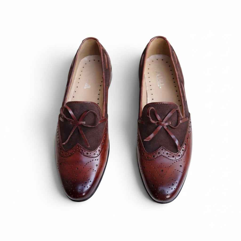 AS Noir Bow "Men's Two-Tone Burgundy Brogue Bow Loafer - Suede & Leather Formal Slip-On