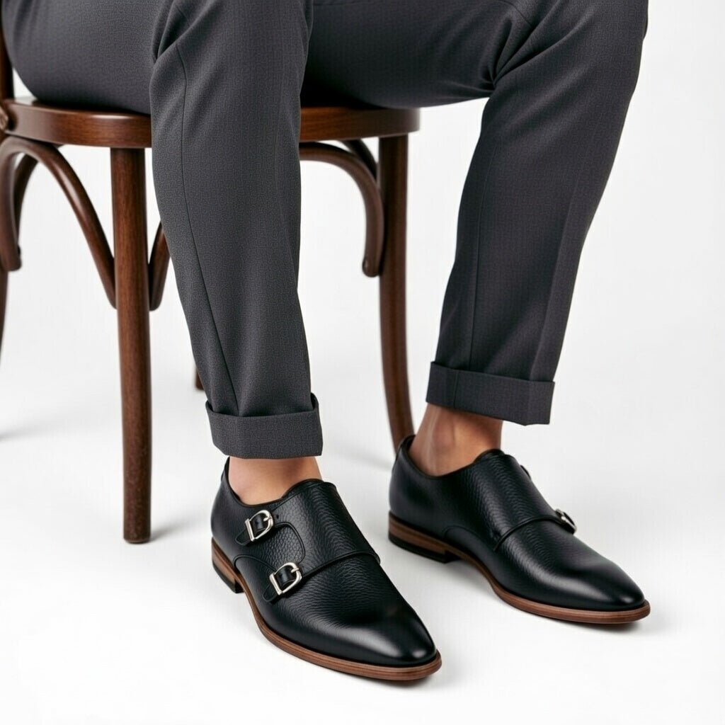 Black leather shoes with brown soles worn by a person sitting on a wooden chair.
