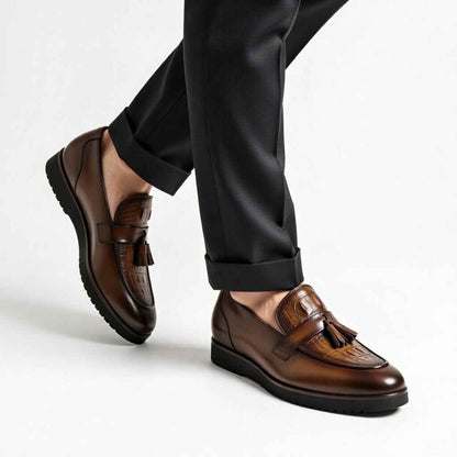 Leka"Tan Croc-Textured Leather Tassel Loafers for Men