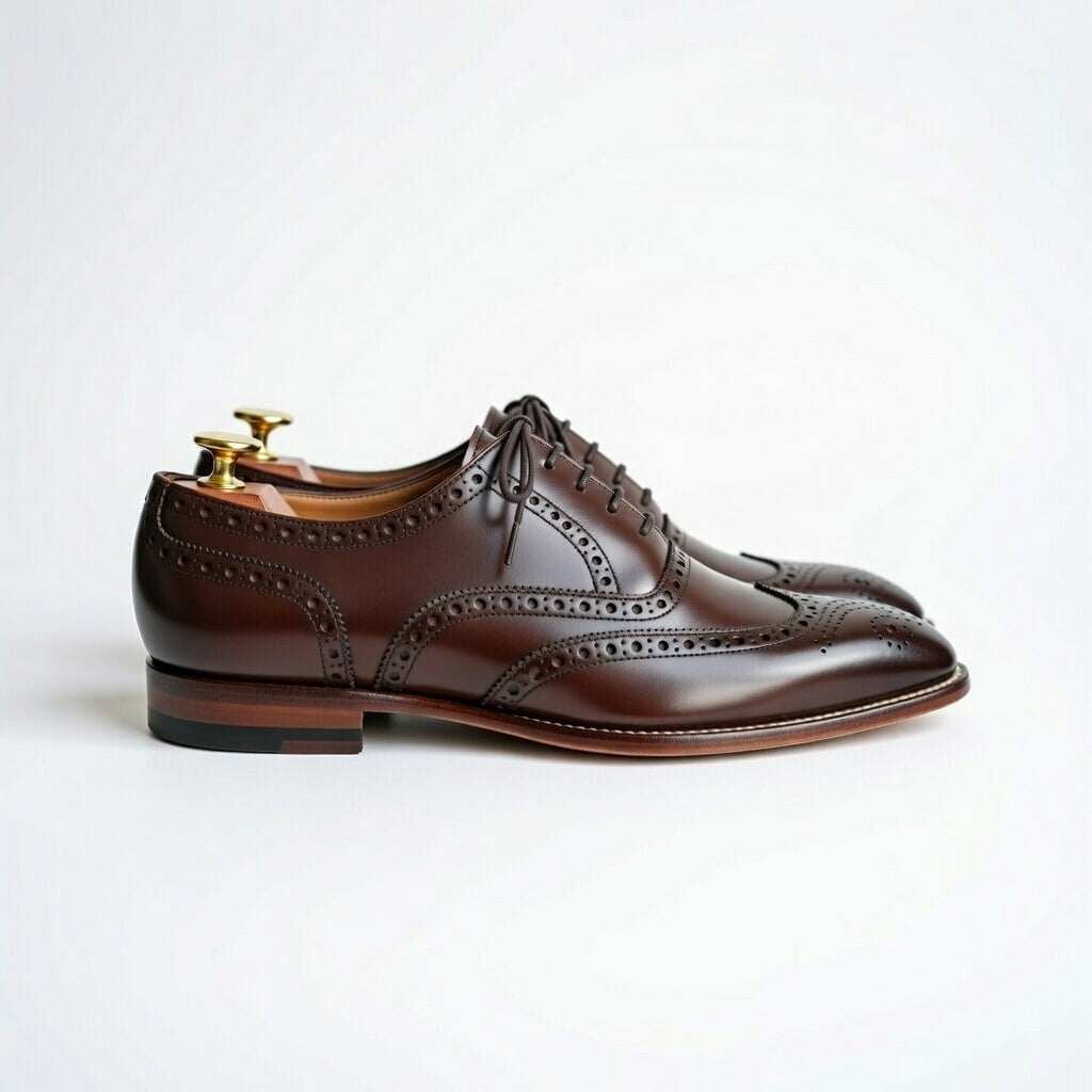 Brown leather dress shoes with wingtips on a white background