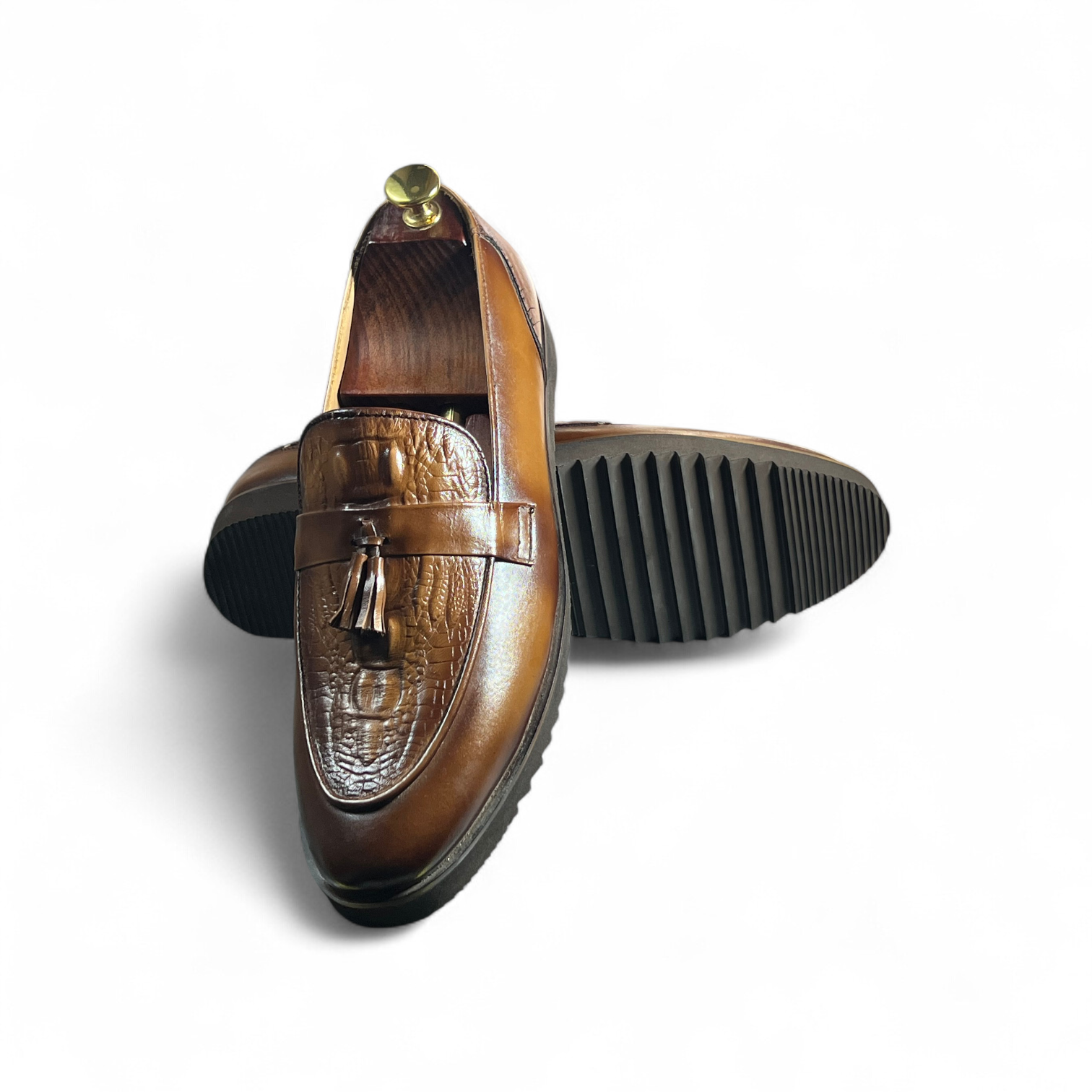 Leka"Tan Croc-Textured Leather Tassel Loafers for Men