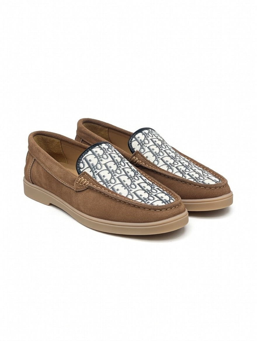 Men’s Brown Designer Loafers with Patterned Panel – Slip-On Casual Shoes