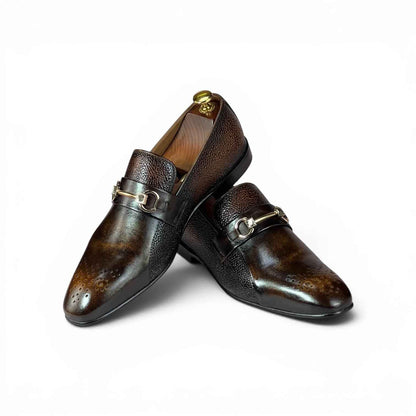 AS - Bruno Patina "Burnish Horsebit Loafer - Pebble Grain Brown Patina | Gold Buckle | Premium Formal Loafer for Men