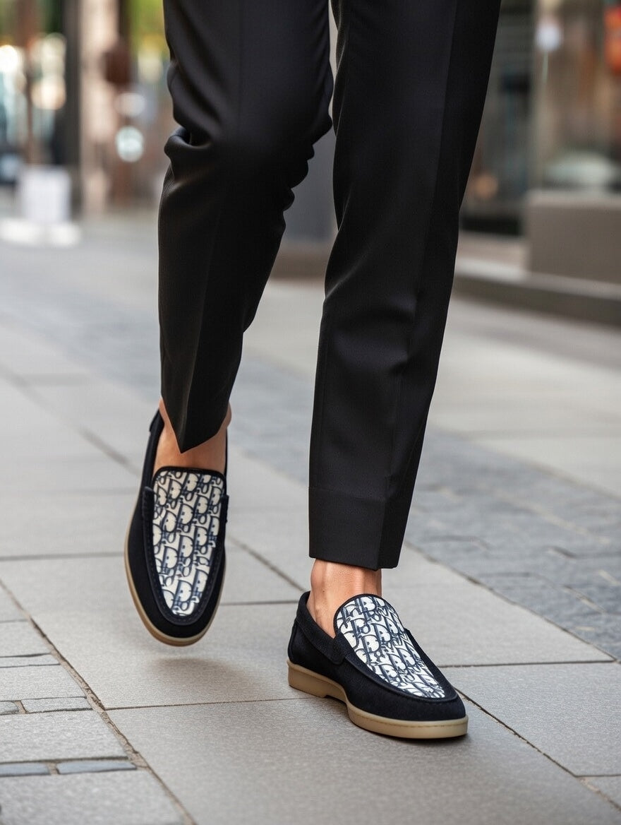 Men’s Black Designer Loafers with Patterned Panel – Slip-On Casual Shoes