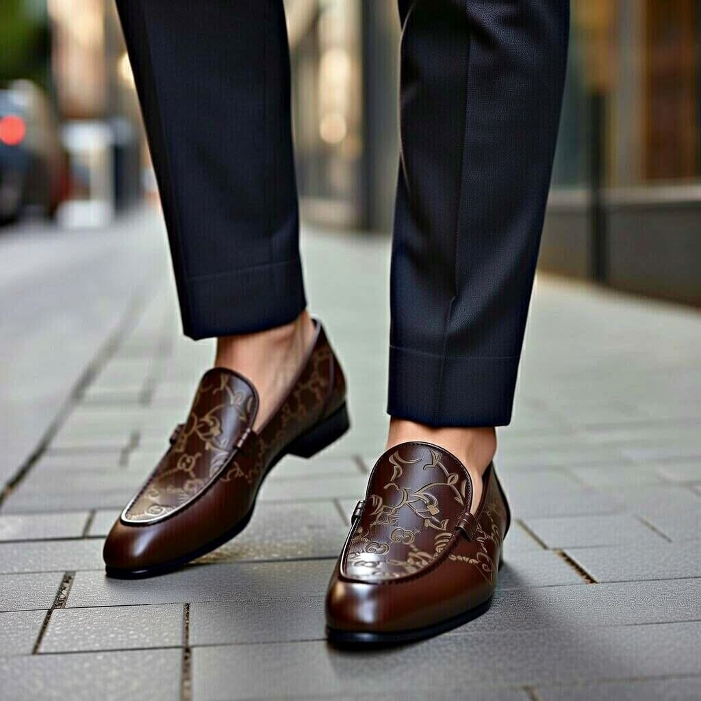 Brown loafers with intricate design worn on a city street.