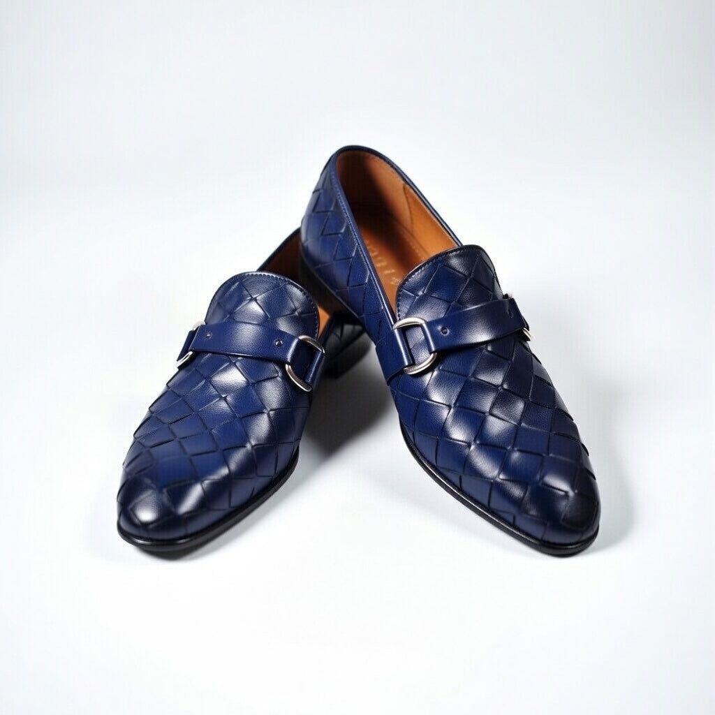 Pair of blue woven loafers on a white background