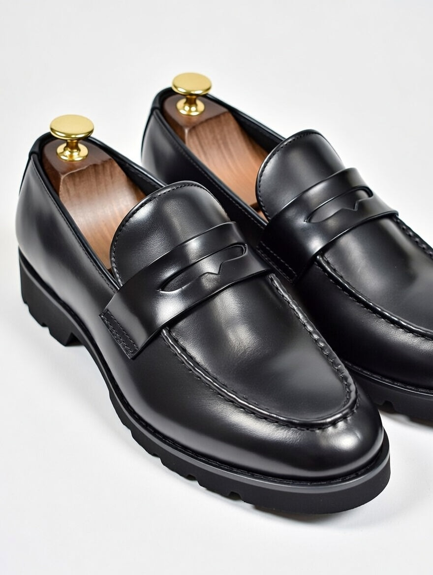 Pair of black loafers with gold buttons on a light gray background