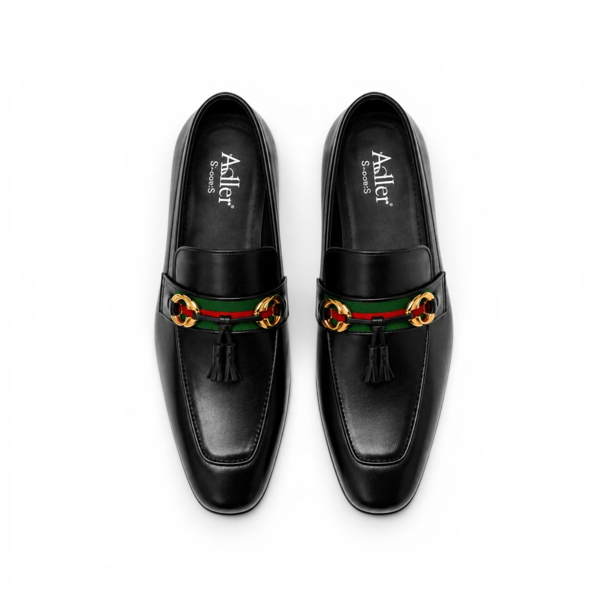 A pair of black leather loafers with a green and red web stripe and gold-tone horsebit hardware, photographed from a top-down angle on a white background. The brand name 'Asilier' is visible on the insole.