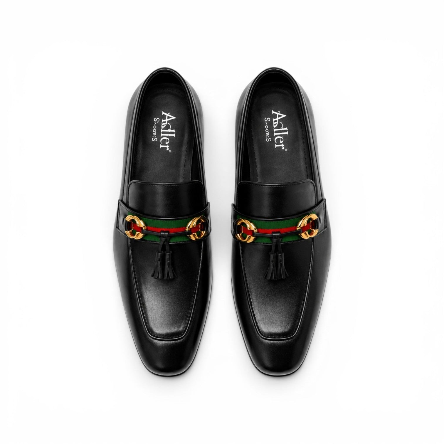 A pair of black leather loafers with a green and red web stripe and gold-tone horsebit hardware, photographed from a top-down angle on a white background. The brand name 'Asilier' is visible on the insole.