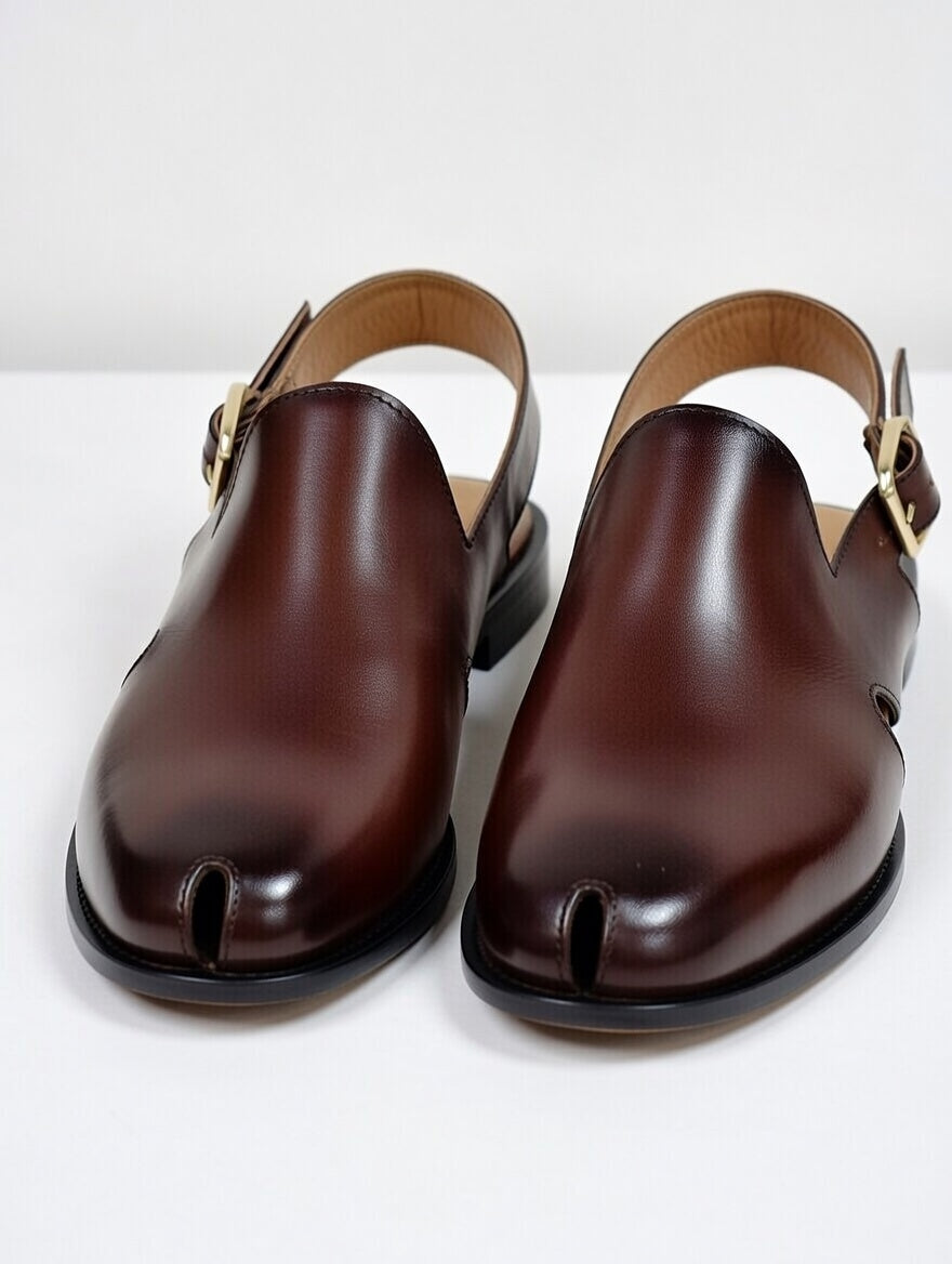 Pair of brown leather sandals with open toes on a white background
