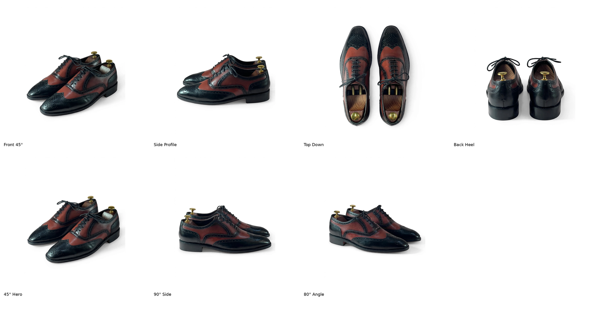 A product presentation showing multiple views of a pair of men's lace-up dress shoes on a white background, with small text labels underneath each view.