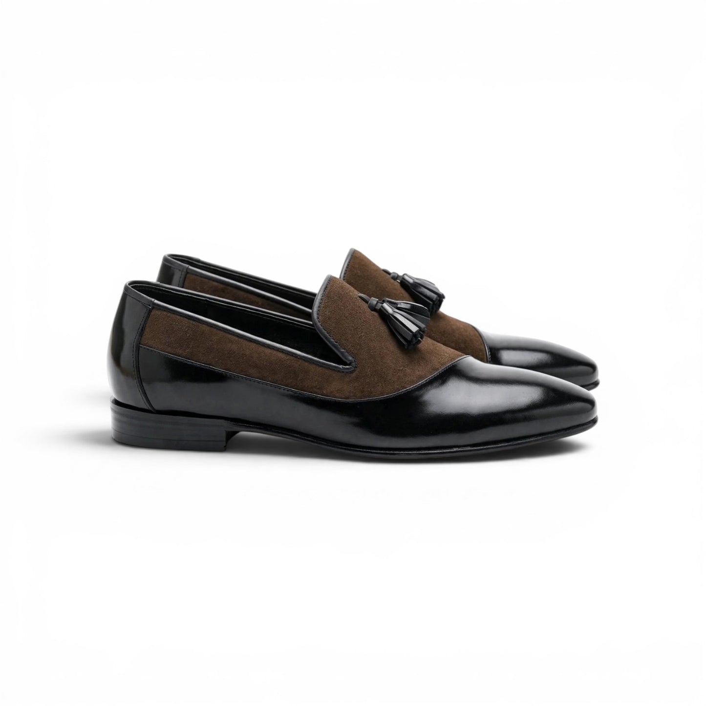 Men's Two-Tone Tassel Loafers - Brown Suede & Black Patent Leather Formal Slip-Ons | Handcrafted Pointed Toe Dress Shoes