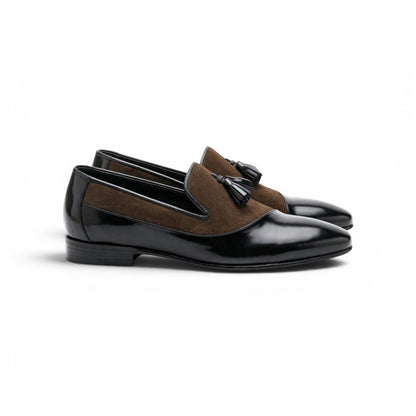 Men's Two-Tone Tassel Loafers - Brown Suede & Black Patent Leather Formal Slip-Ons | Handcrafted Pointed Toe Dress Shoes