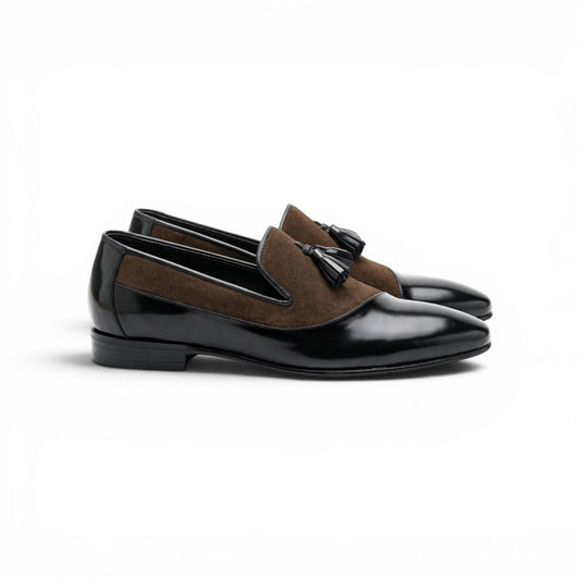 Men's Two-Tone Tassel Loafers - Brown Suede & Black Patent Leather Formal Slip-Ons | Handcrafted Pointed Toe Dress Shoes