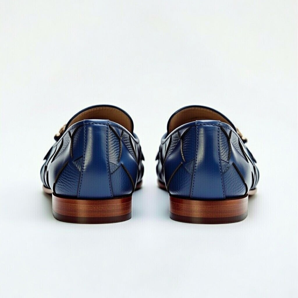 Men’s Navy Blue Woven Leather Loafers – Premium Handmade Slip-On Formal Shoes