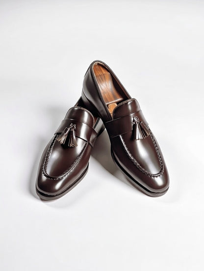 Pair of brown loafers with tassels on a white background