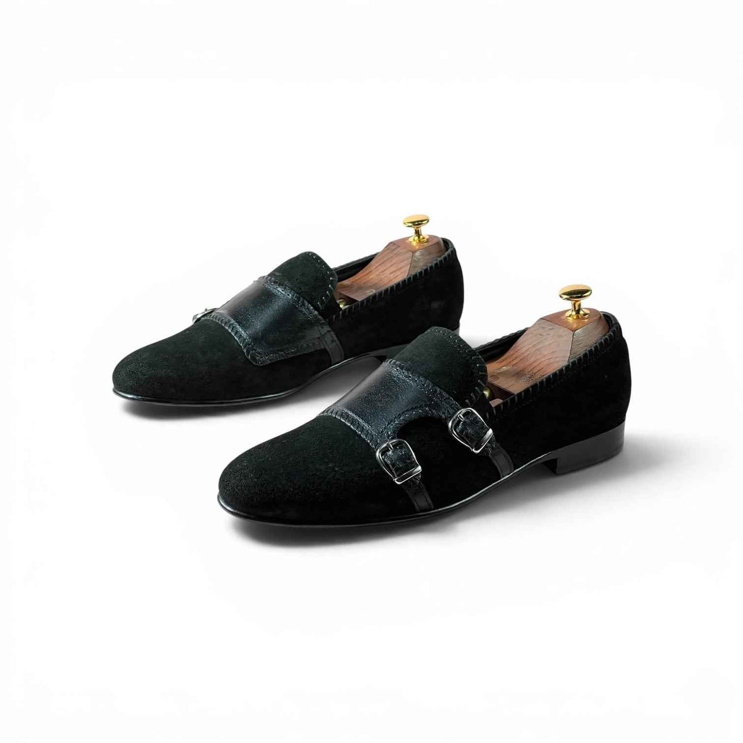 AS - Noir Elite "Handcrafted Black Suede Monk Loafers for Men
