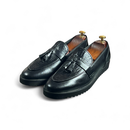 AS - Leka"Black Croc-Textured Leather Tassel Loafers for Men