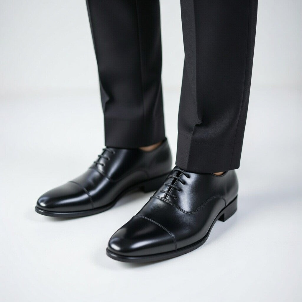 Black dress shoes and black pants on a white background