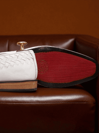 handmade leather loafers, white woven loafers, men’s formal shoes, luxury loafers for men, genuine leather loafers, wedding shoes for men, designer loafers Pakistan