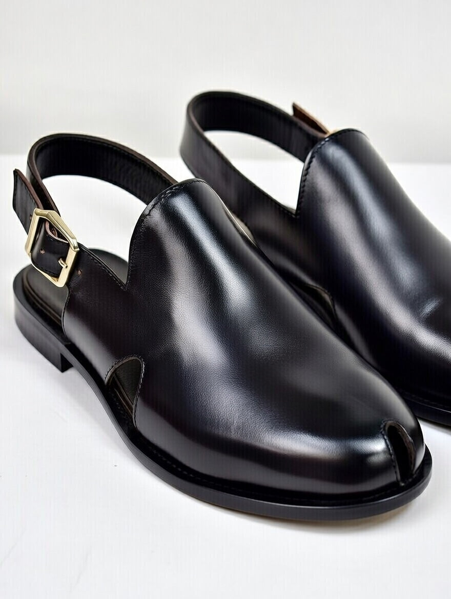 Pair of black leather shoes with a gold buckle on a white background