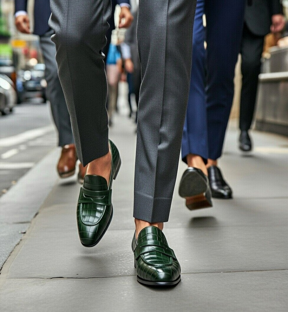Two people walking on a city street, wearing formal attire and green loafers.