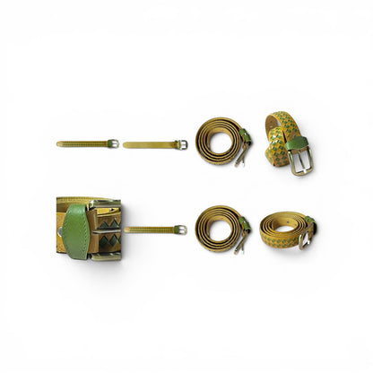 A set of three belts in olive green and yellow tones, displayed flat on a white background. The set includes a wide belt with geometric patterns, a slim woven belt, and a matching adjustable strap with a buckle.