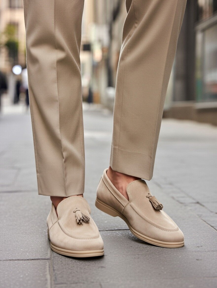 Men’s Beige Suede Tassel Loafers – Slip-On Smart Casual Shoes