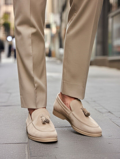 Men’s Beige Suede Tassel Loafers – Slip-On Smart Casual Shoes