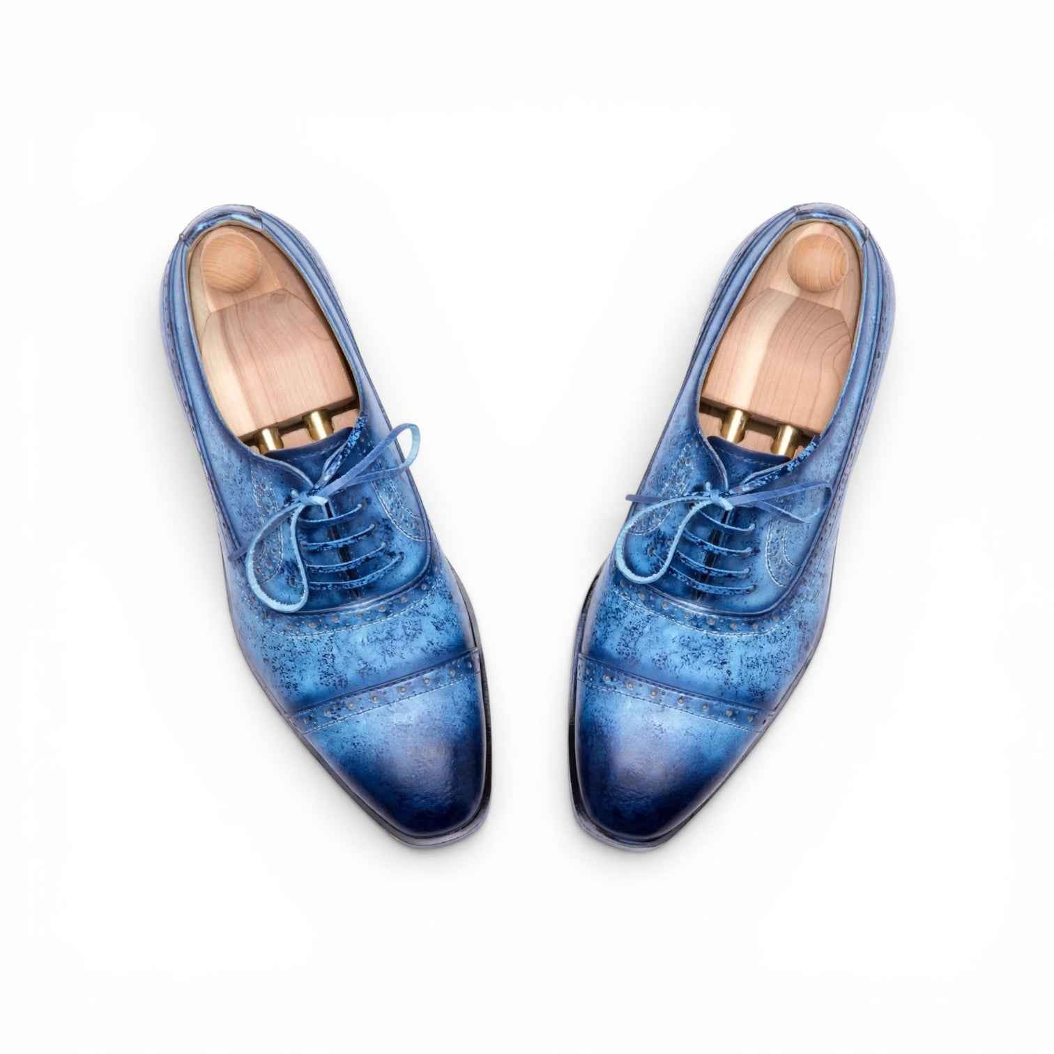 AS - Oceano "Hand-Painted Blue Marble Patina Brogue Oxfords - Full Grain Leather Wingtip Dress Shoes