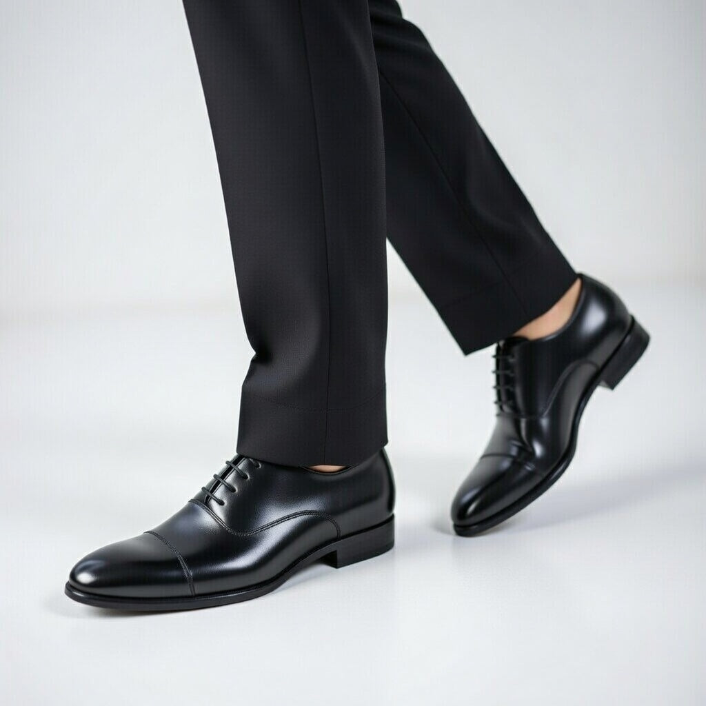 Black dress shoes worn with black pants on a light gray background