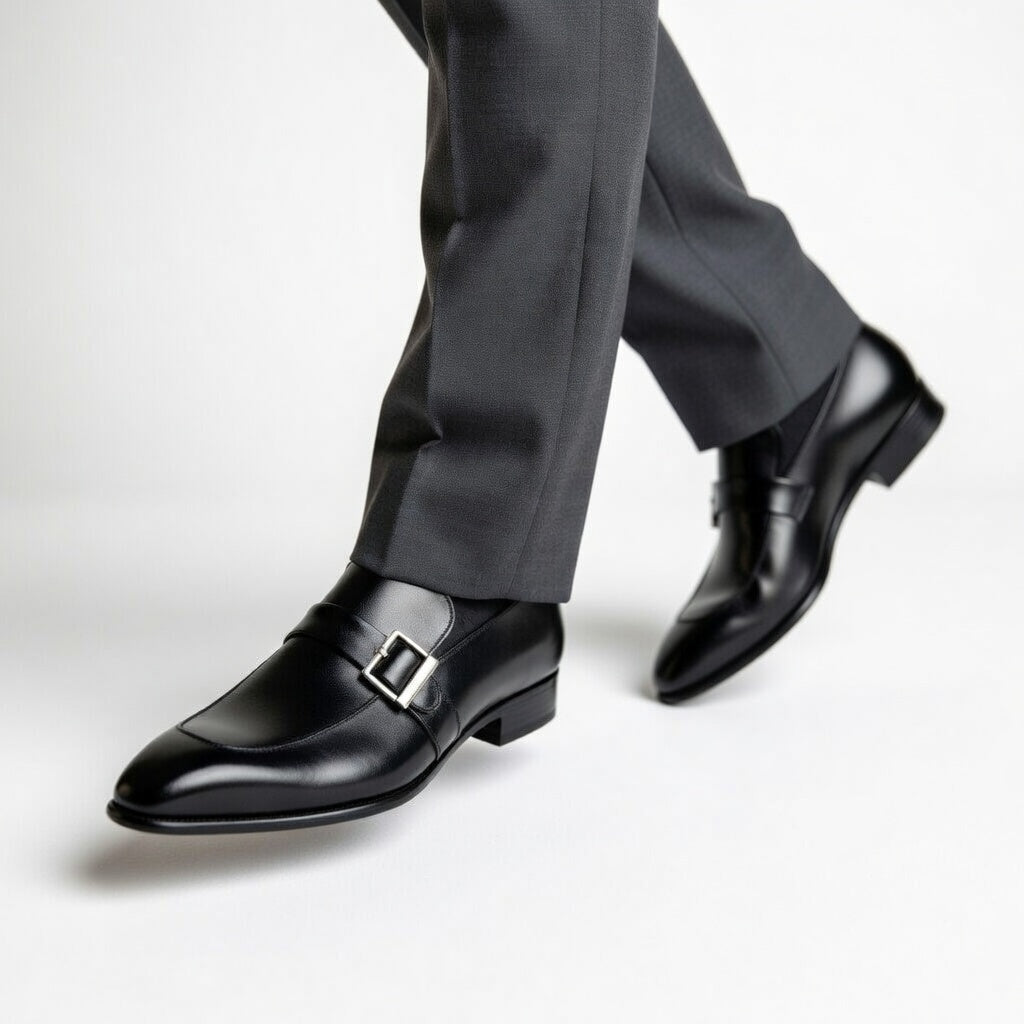 Black dress shoes with a silver buckle worn with gray pants on a white background