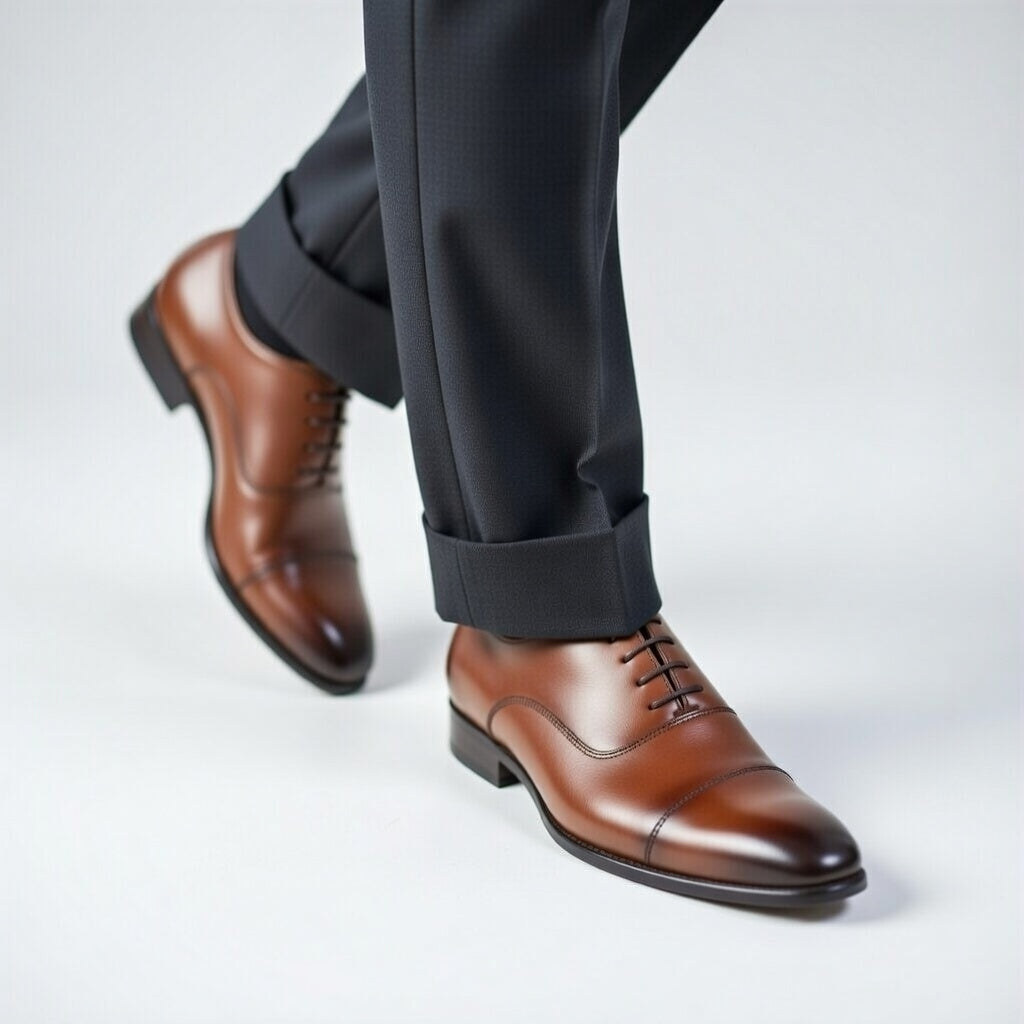 Brown dress shoes worn with black pants on a light gray background