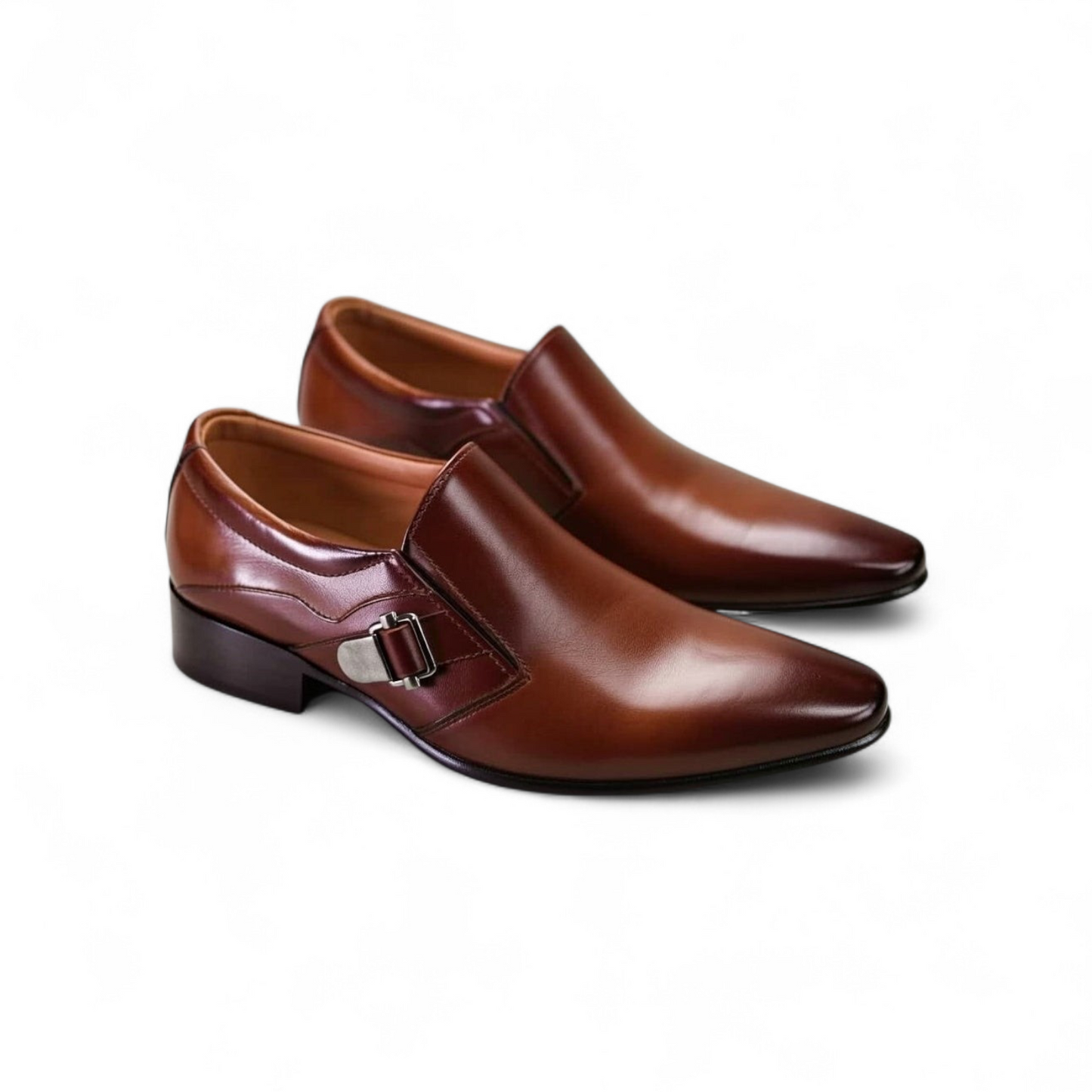Pair of brown monk strap shoes on a white background