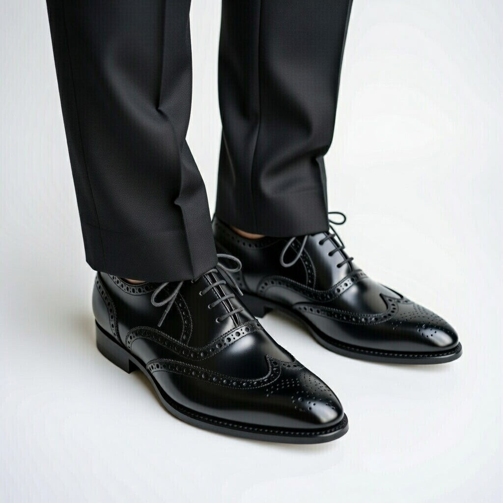 Black dress shoes with wingtip design worn with black pants on a light gray background