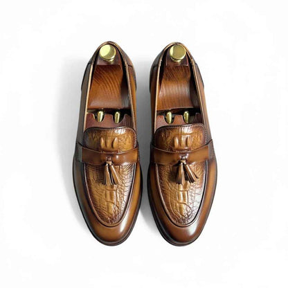 Leka"Tan Croc-Textured Leather Tassel Loafers for Men