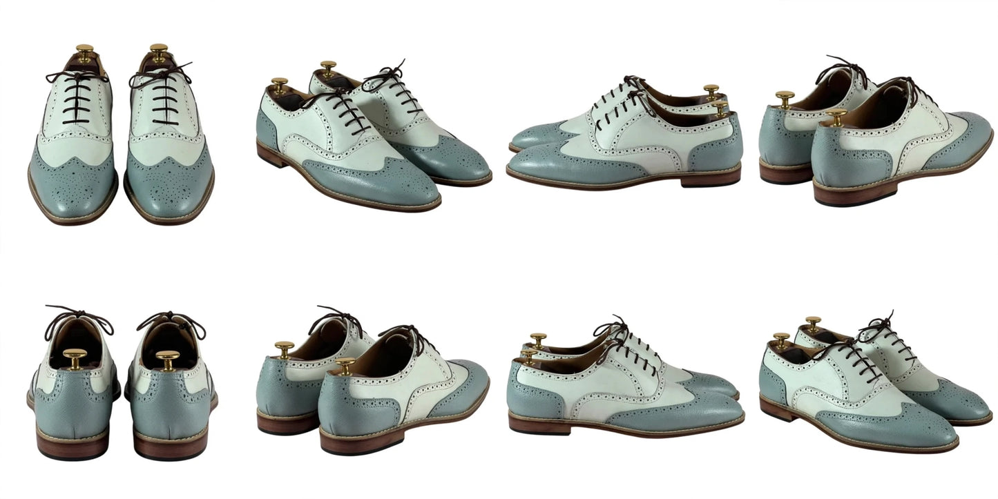 A collage of multiple views of the same pair of wingtip oxford shoes shown on a plain white background. The shoes have a two-tone color-blocked design with pale blue and off-white panels, dark brown laces, and brown leather soles.