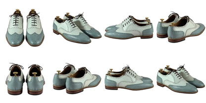 A collage of multiple views of the same pair of wingtip oxford shoes shown on a plain white background. The shoes have a two-tone color-blocked design with pale blue and off-white panels, dark brown laces, and brown leather soles.