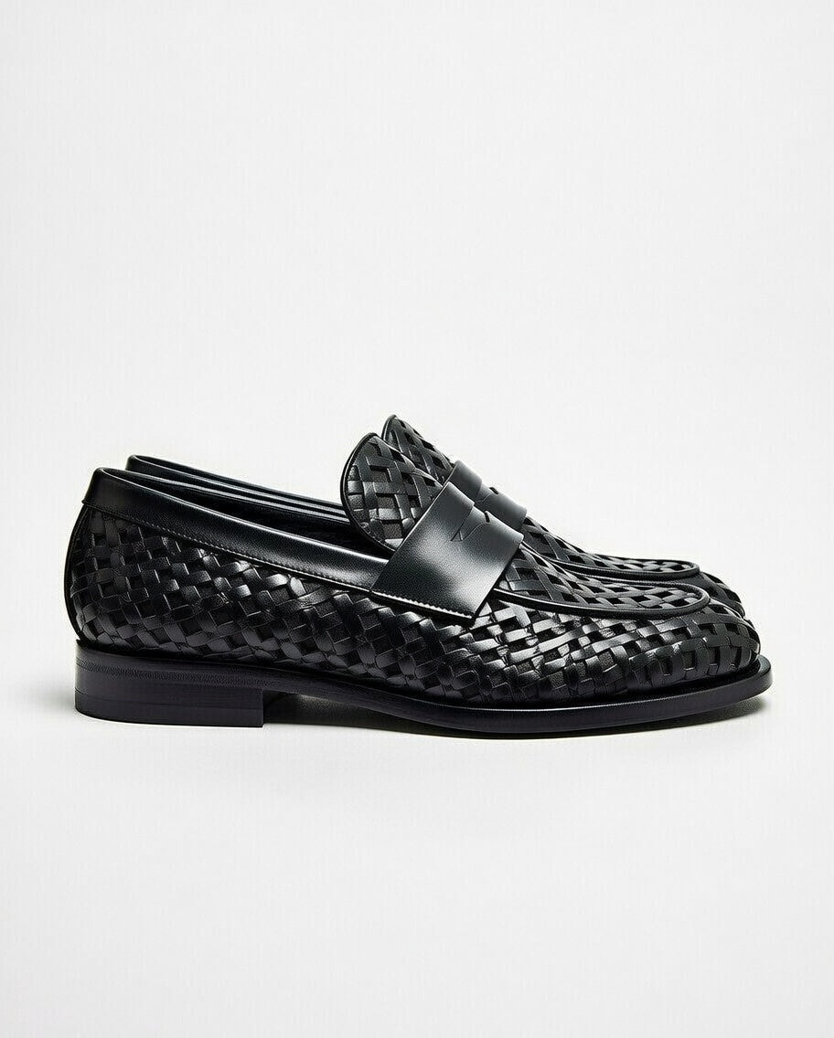 Black woven loafer shoes on a light gray background