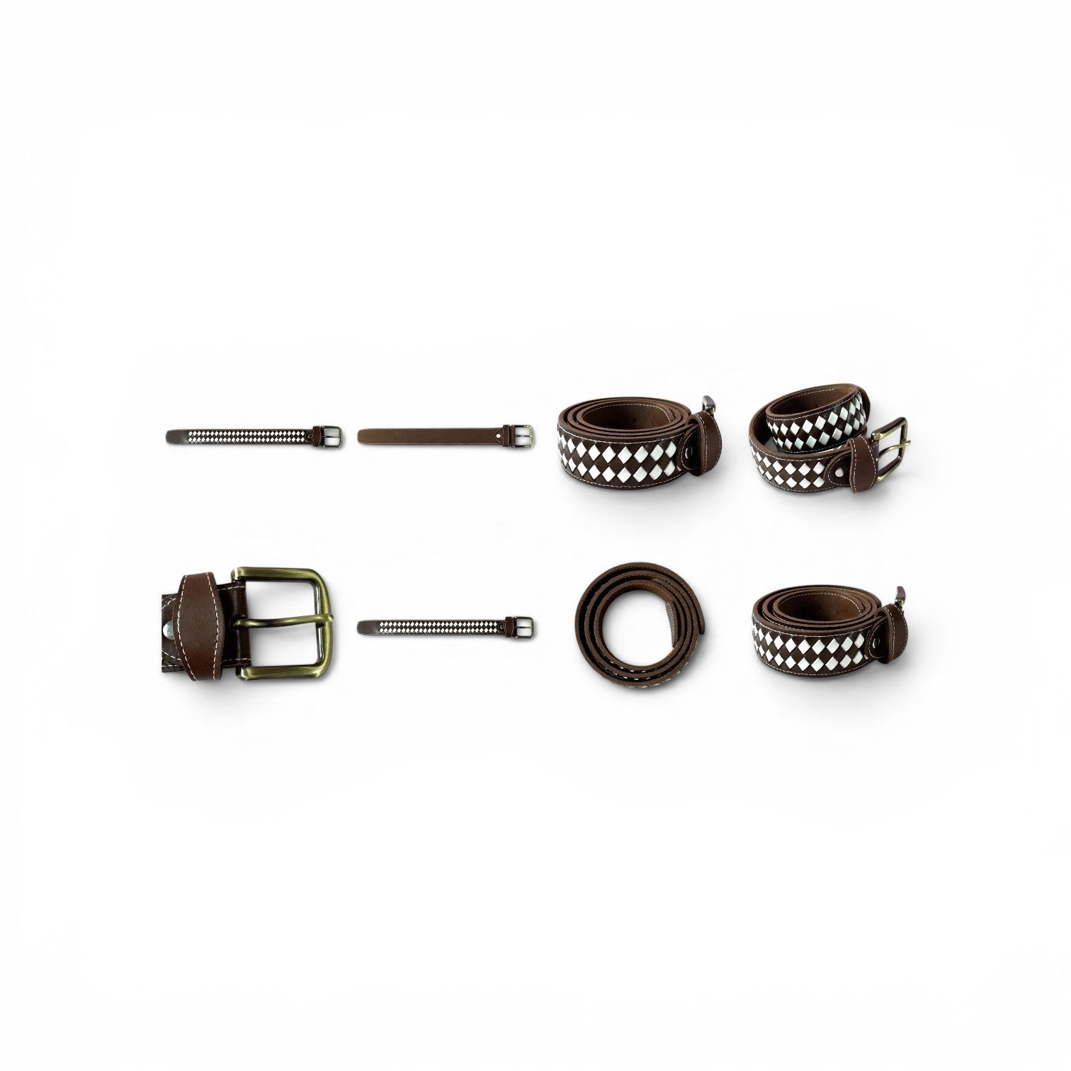 A set of dark brown leather belts with silver-tone hardware, arranged neatly on a plain white background. The set includes two belts with diamond-patterned woven detailing, one belt with a prominent square buckle, and two metal keeper loops.