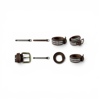 A set of dark brown leather belts with silver-tone hardware, arranged neatly on a plain white background. The set includes two belts with diamond-patterned woven detailing, one belt with a prominent square buckle, and two metal keeper loops.