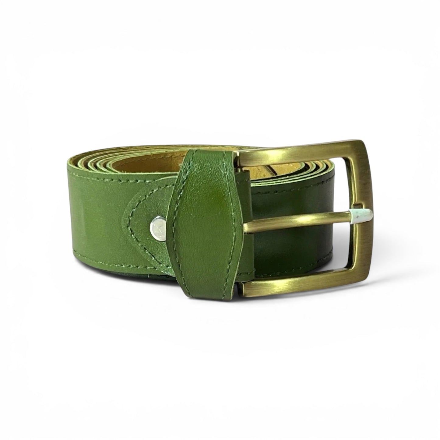 An olive green leather belt with a gold-toned metal buckle, shown coiled on a white background.
